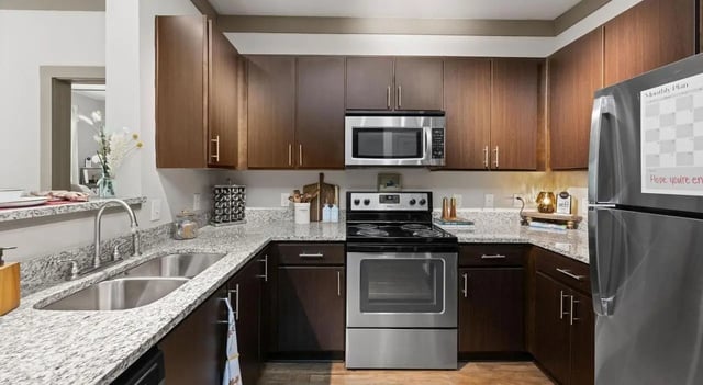 Stainless steel appliances dark cabinets granite countertops kitchen at Accolade Athens in Athens Student Accommodation