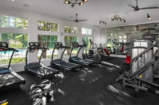 Treadmills elliptical and weight machines gym at Flatts at South Campus in Oxford Student Accommodation