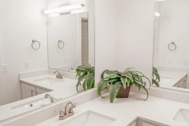 Two sinks mirror and plant bathroom at Fleur De Lis Apartments in Provo Student Accommodation