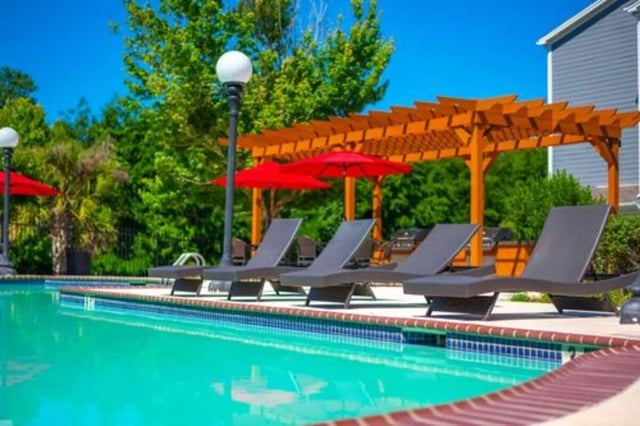 Pool lounge chairs under pergola and umbrellas exterior at Pointe At Troy in Troy Student Accommodation