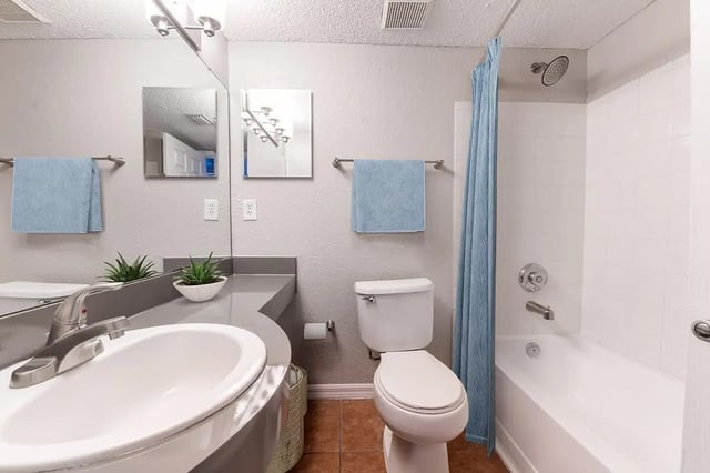 Sink toilet shower and blue shower curtain Bathroom at ReNew Tallahassee in Tallahassee Student Accommodation