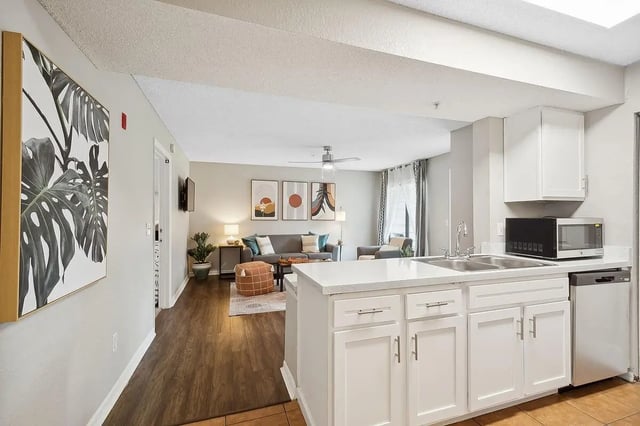 Modern kitchen with microwave dishwasher and living room living area at ReNew Tallahassee in Tallahassee Student Accommodation