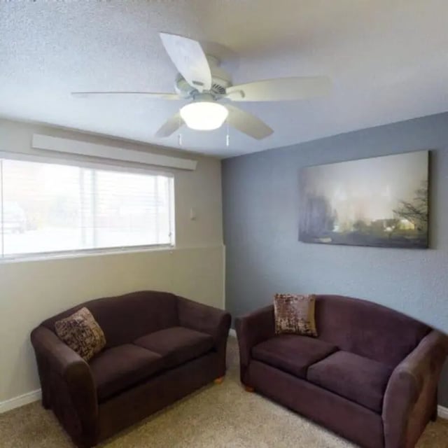 Two brown sofas ceiling fan artwork living room at The Pines in Rexburg Student Accommodation