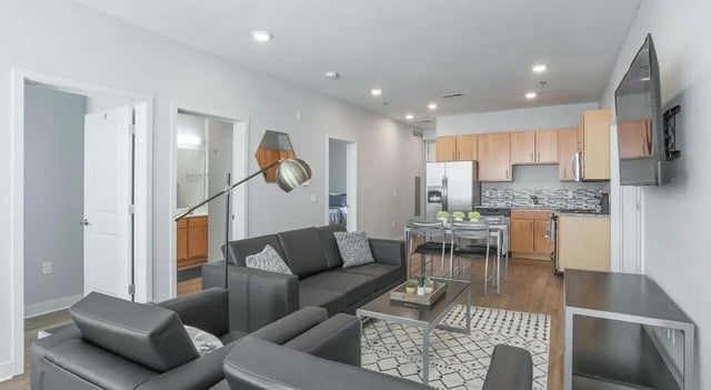 Modern living room with gray sofa kitchen and bathroom living room at Lancaster Apartments in Champaign Student Accommodation