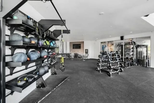 Weight balls and dumbbells storage gym room at Summit SLO in San Luis Obispo Student Accommodation