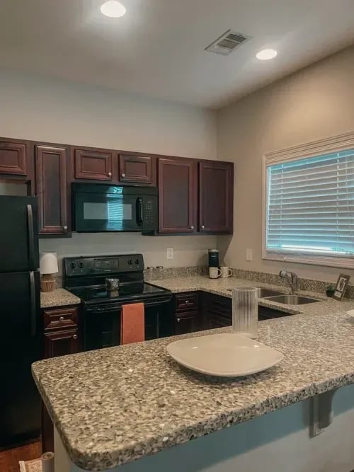 Dark cabinets microwave stove sink granite countertops kitchen at The Towns at Octiv Row in Carrollton Student Accommodation