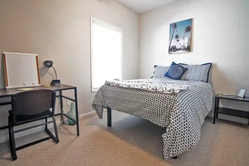 Bed desk whiteboard and chair bedroom at The Towns at Octiv Row in Carrollton Student Accommodation