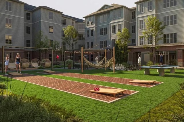 Cornhole ping pong hammocks chess outdoor amenity area at Mazza GrandMarc in College Park Student Accommodation