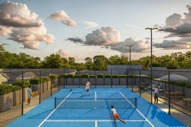 Blue court people playing paddle tennis outdoor court at Mazza GrandMarc in College Park Student Accommodation