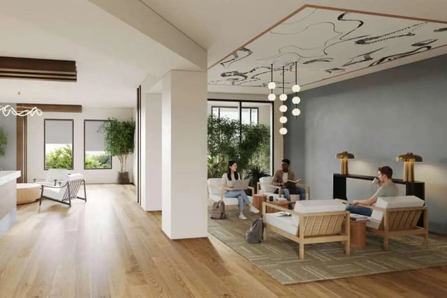 People relaxing in lounge area with modern furniture living room at Mazza GrandMarc in College Park Student Accommodation
