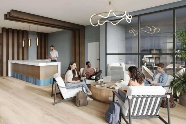Students sitting around coffee table and counter living room at Mazza GrandMarc in College Park Student Accommodation