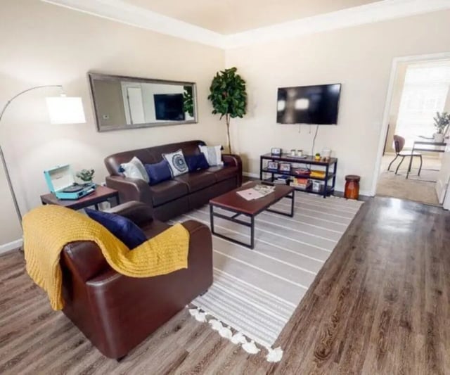 Brown leather sofa chair rug coffee table television living room at University Edge Apartments Bldg 1 in South Bend Student Accommodation