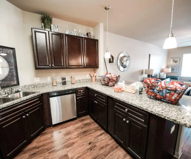 Dark cabinets granite counters dishwasher baskets kitchen at The Hamptons Statesboro in Statesboro Student Accommodation