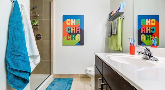 Colorful art towels sink and toilet bathroom at Landmark Apartments in Ann Arbor Student Accommodation