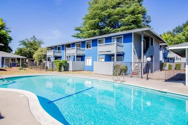 Blue apartment buildings with balconies pool exterior at Wildcat Crossing in Chico Student Accommodation