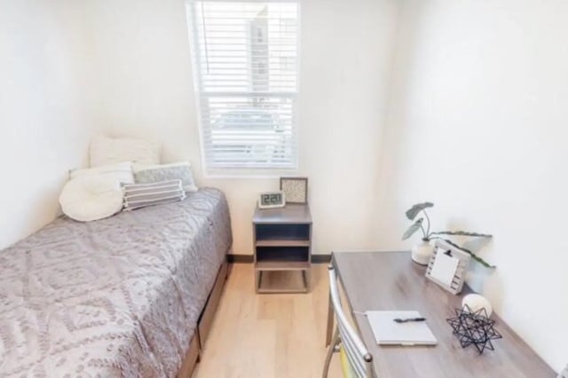 Bed desk pillows and plant bedroom at The Green on Campus Drive in Orem Student Accommodation
