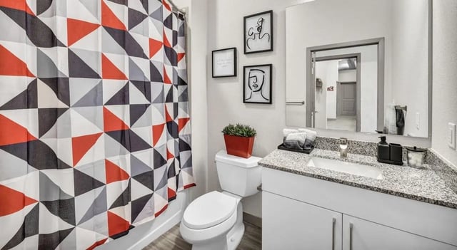 Toilet sink vanity geometric shower curtain bathroom at Haven At Elgin in Houston Student Accommodation
