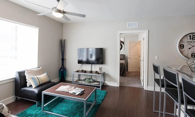 Black couch coffee table teal rug living room at Park Place Columbia in Columbia Student Accommodation