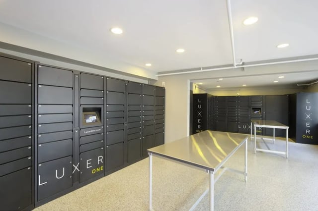 Luxer One package lockers and tables parcel area at Mustang Village Apartments in San Luis Obispo Student Accommodation