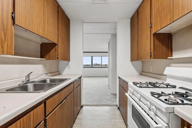 Wood cabinets double sink stove and oven kitchen at Chateau Student Housing Co-op in Minneapolis Student Accommodation
