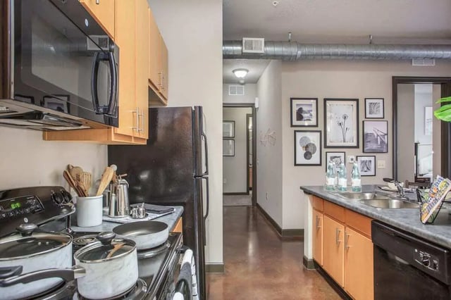 Stove refrigerator pots and sink kitchen at 4050 Lofts in Tampa Student Accommodation