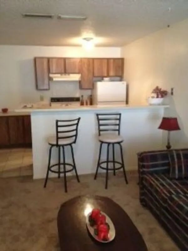 Kitchen with two stools and couch kitchen living room at Baylor Plaza III in Waco Student Accommodation