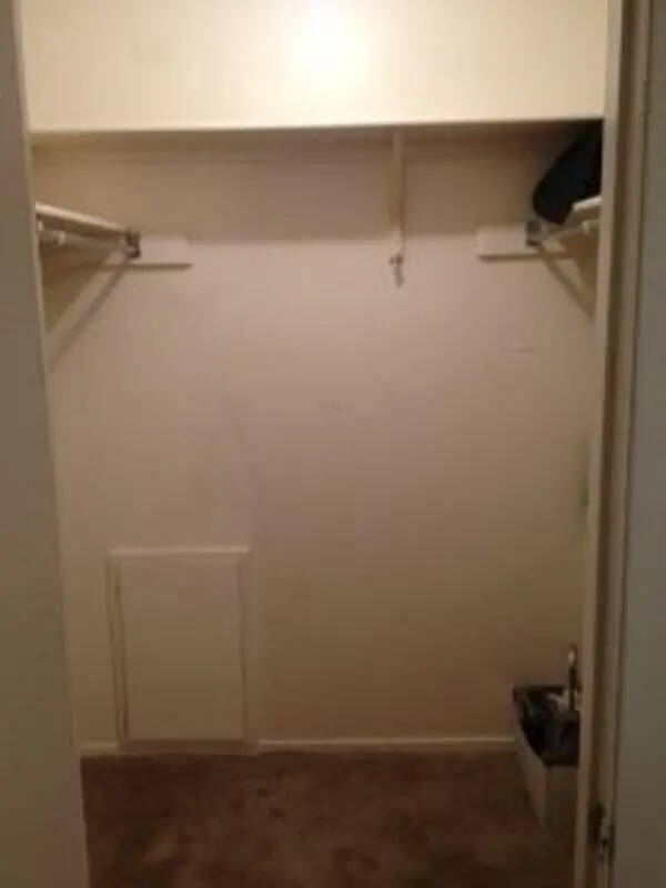 Empty closet with hanging racks and bin closet at Baylor Plaza III in Waco Student Accommodation