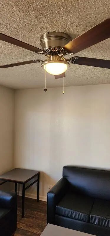 Ceiling fan black sofa table living room at Baylor Plaza III in Waco Student Accommodation