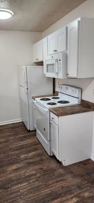 Refrigerator stove microwave white cabinets kitchen at Baylor Plaza III in Waco Student Accommodation
