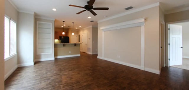 Open doorway ceiling fan shelves and kitchen living area at Archstone Luxury Apartments in Gainesville Student Accommodation