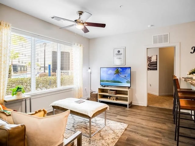 Sofa TV ottoman rug and ceiling fan living room at Halo 46 Apartments in Tampa Student Accommodation