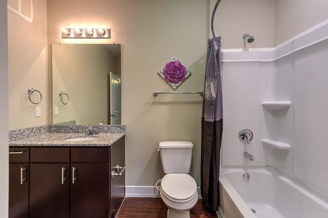 Vanity toilet shower curtain and tub bathroom at Park Place Baton Rouge in Baton Rouge Student Accommodation