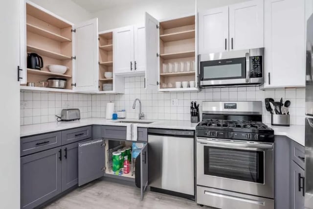Kitchen with cabinets dishwasher microwave stove and sink at Addams Coliving in Chicago Student Accommodation