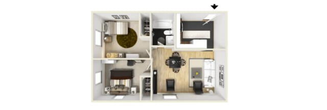 Floor plan with beds bath dining living study areas at Collegiate Arms in State College Student Accommodation