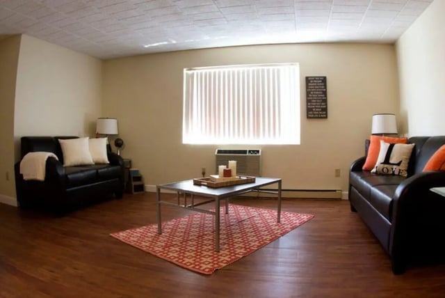 Sofa coffee table rug living room at Collegiate Arms in State College Student Accommodation