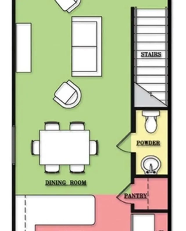 Dining room living room powder room pantry floor plan at The Estate on Third in Waco Student Accommodation