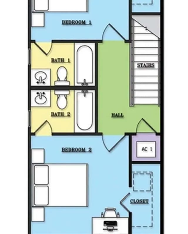 Bedrooms baths hall stairs AC closet floor plan at The Estate on Third in Waco Student Accommodation