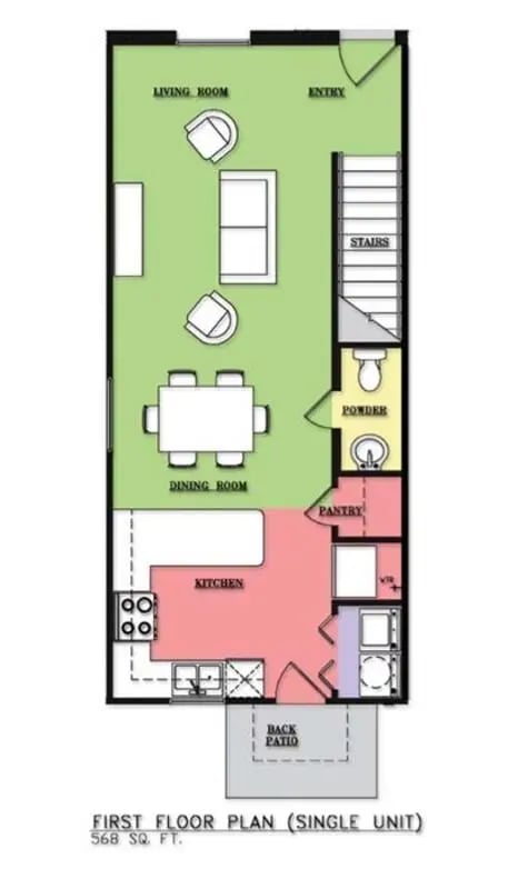 Living dining kitchen powder room floor plan at The Estate on Third in Waco Student Accommodation