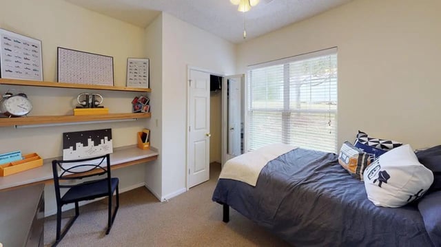 Bed desk shelves and closet bedroom at Cape Trails in Cape Girardeau Student Accommodation
