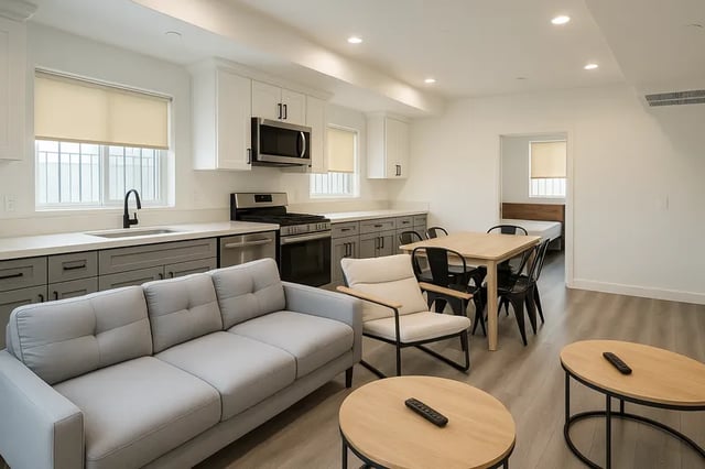 Sofa kitchen table chairs bed living room at 1329 W 36th St in Los Angeles Student Accommodation