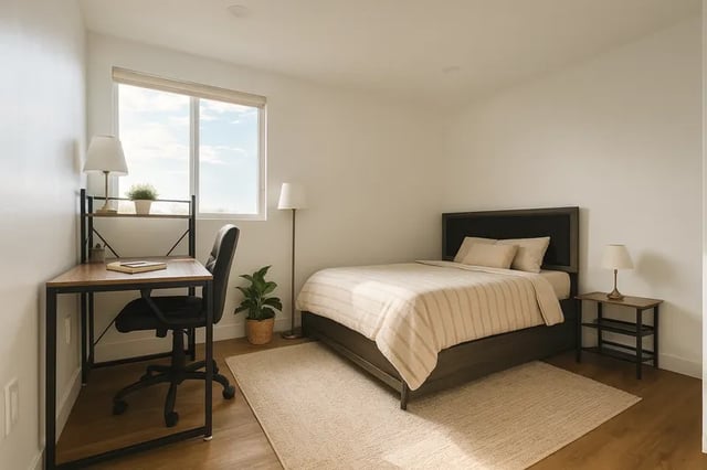 Bed desk chair rug lamp and plants bedroom at 1329 W 36th St in Los Angeles Student Accommodation