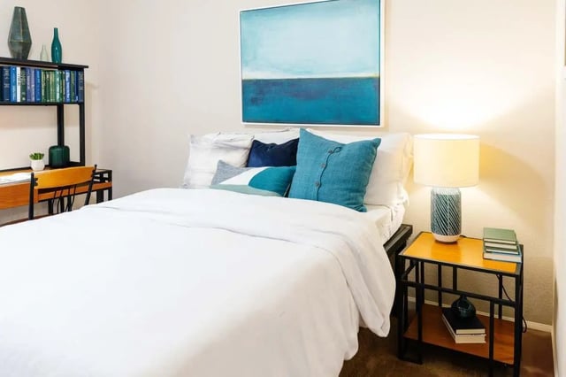 Bed desk bookshelves and abstract art bedroom at The Scarlet in Lubbock Student Accommodation