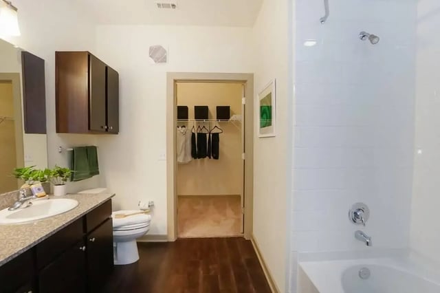 Sink toilet shower cabinets clothes closet bathroom at The Domain at Columbia in Columbia Student Accommodation