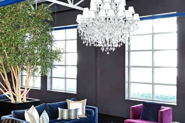Sofa chandelier large plant living room at The Vic in Greensboro Student Accommodation