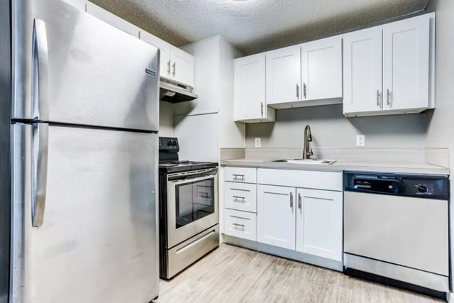 Stainless steel fridge stove sink dishwasher white cabinets kitchen at Connery Place Apartments in Portland Student Accommodation