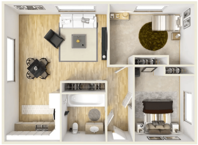 Sofa chairs dining table bathtub toilet bed Bedroom living room bathroom at Connery Place Apartments in Portland Student Accommodation