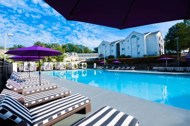 Loungers and umbrellas beside large pool exterior at The Harrison in Harrisonburg Student Accommodation