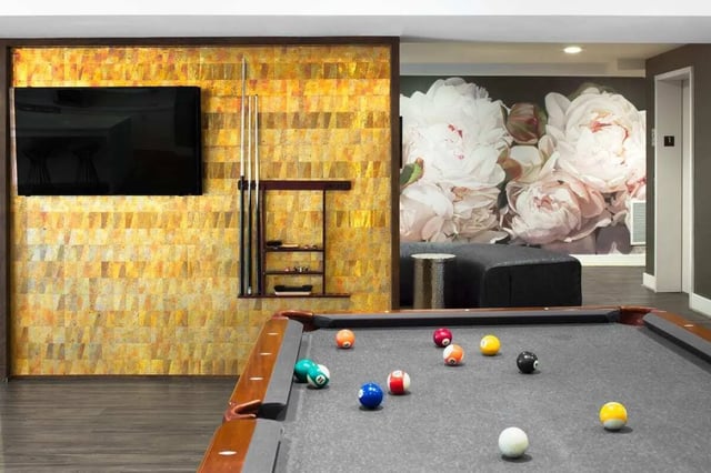 Pool table and cue rack living room at The Harrison in Harrisonburg Student Accommodation
