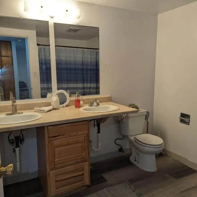 Double vanity toilet and blue shower curtain Bathroom at Crestwood Rexburg Apartments in Rexburg Student Accommodation