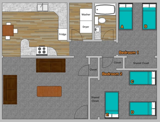 Four beds kitchen living room bathroom floor plan at Crestwood Rexburg Apartments in Rexburg Student Accommodation